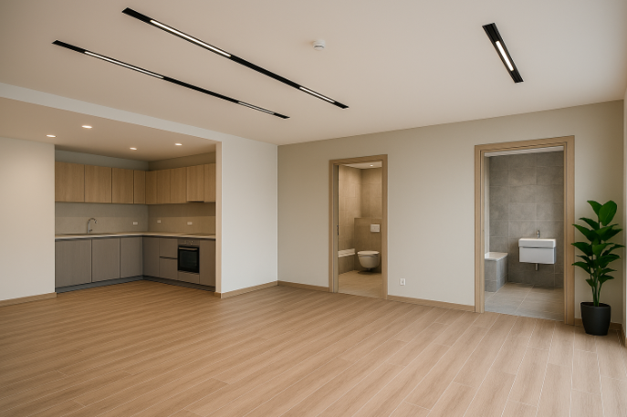 Modern open-plan Dubai apartment interior with light wood flooring