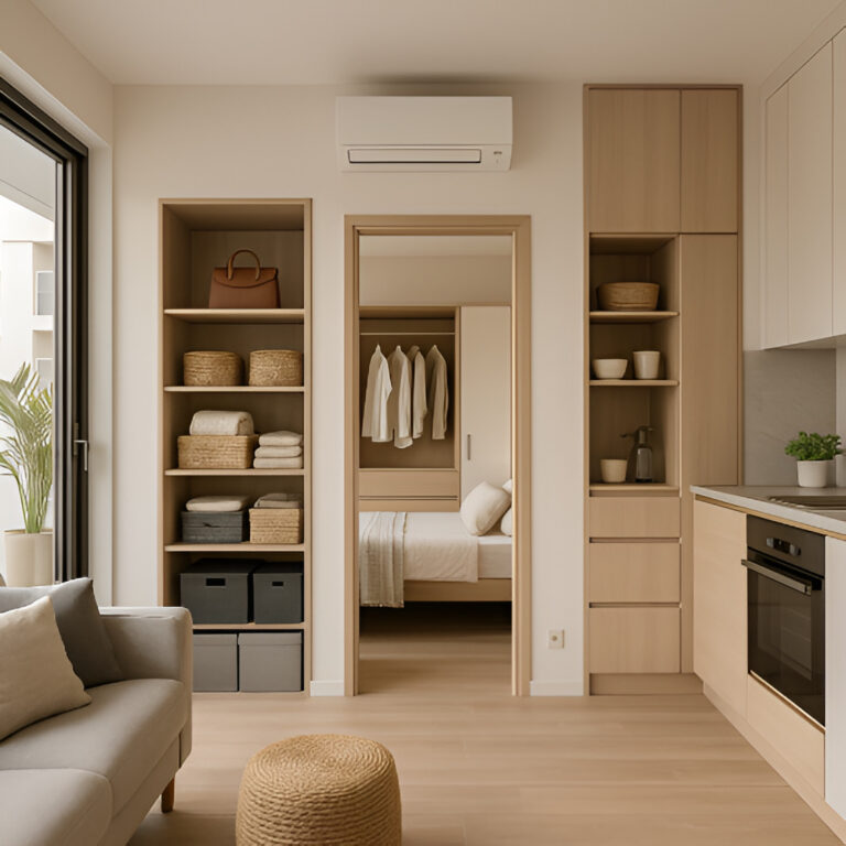 Modern Dubai apartment with built-in shelves and organized smart storage