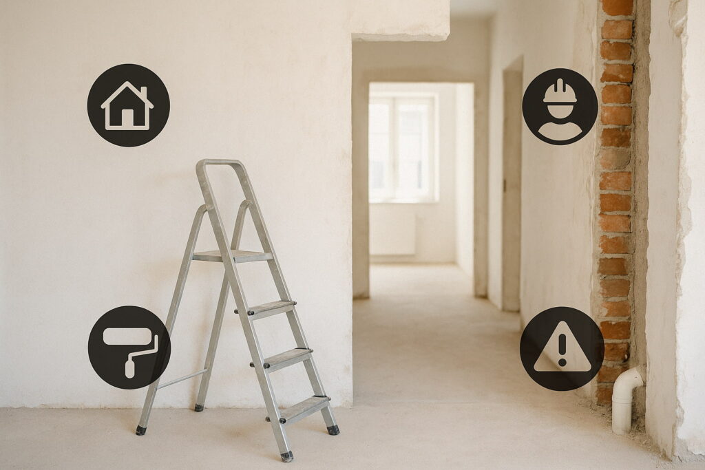 Interior of a villa under renovation, showing an unfinished room with exposed red brick