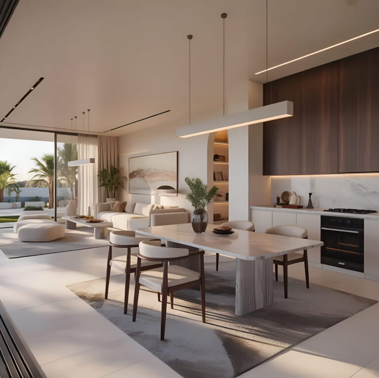 Modern Dubai dining and living area with floor-to-ceiling windows
