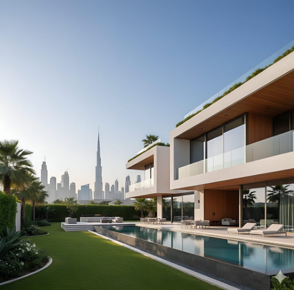 luxury villa with private pool and landscaped lawn