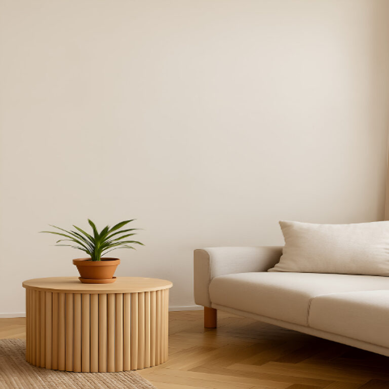 Eco-friendly interior design in Dubai with bamboo coffee table, potted plant, and natural light