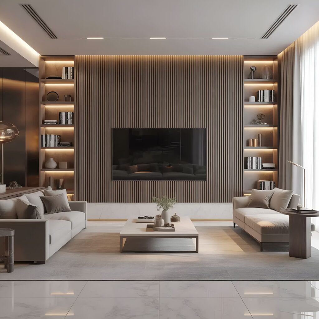 Modern multi-generational living room design in Dubai featuring neutral tones, bespoke cabinetry, and elegant lighting