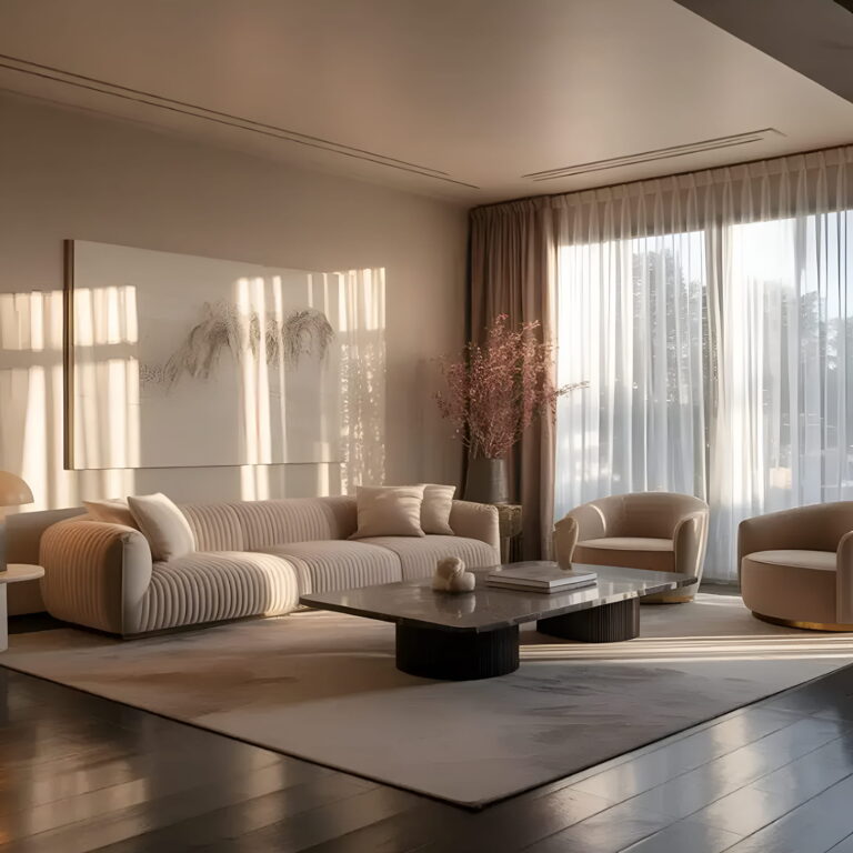 Neutral modern living room with soft natural lighting interior