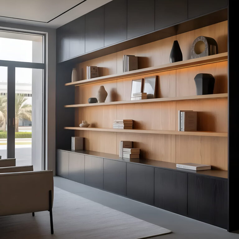 Modern office interior with wooden shelving and natural light