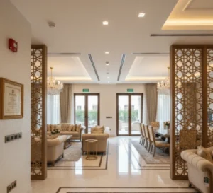 Luxury villa interior renovation in Dubai featuring elegant living and dining spaces with modern lighting, premium finishes, and refined design details by a villa renovation company in Dubai.